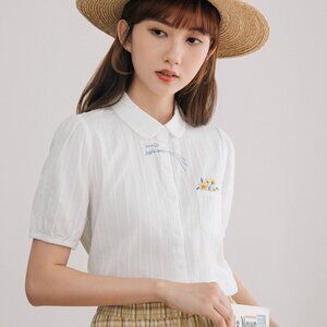 INMAN Floral Puff-Sleeve Cutton Blouse with Ruffled Collar